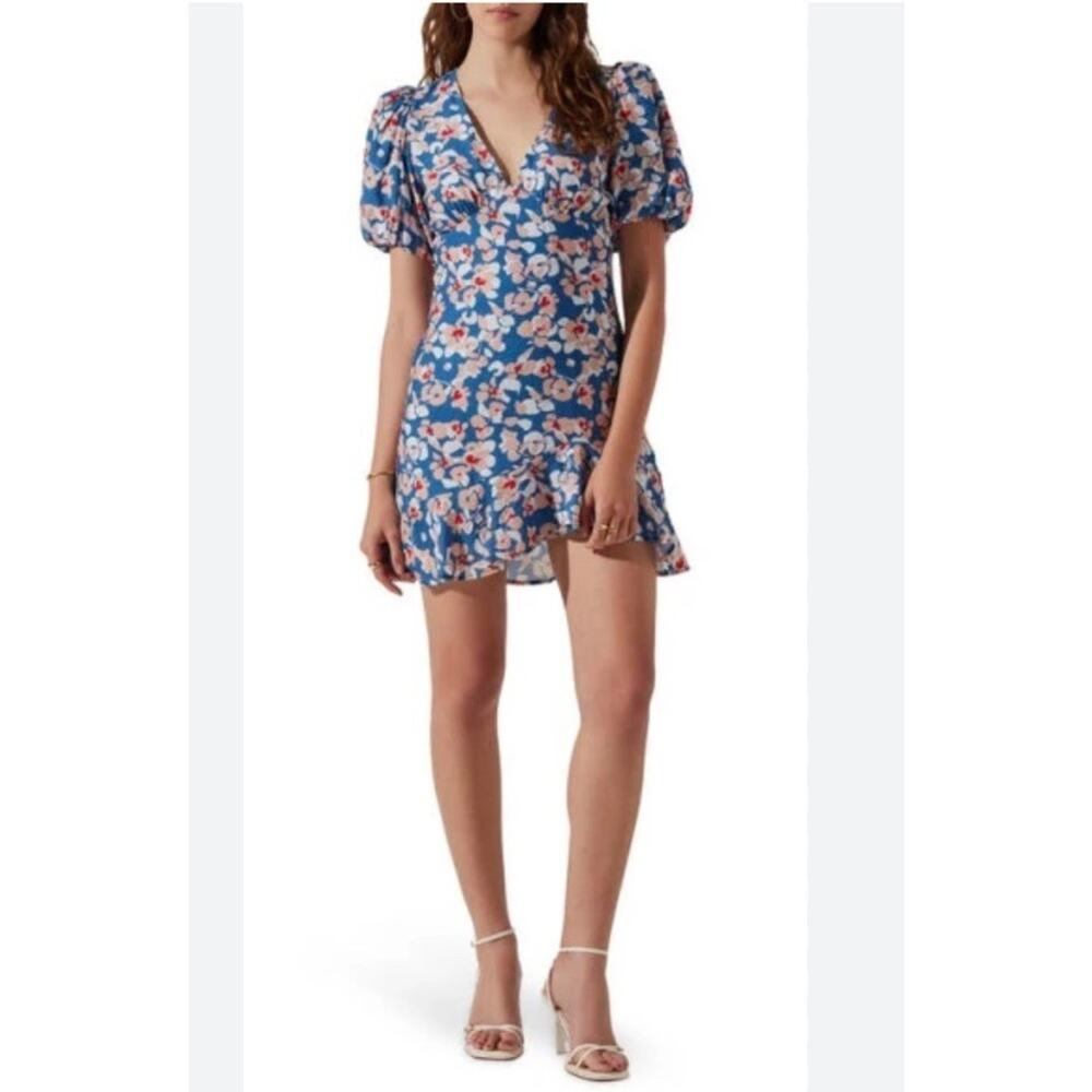 ASTR‎ Babydoll Puff Sleeve Mini Dress in Blue Fuchsia Floral Women Size Small